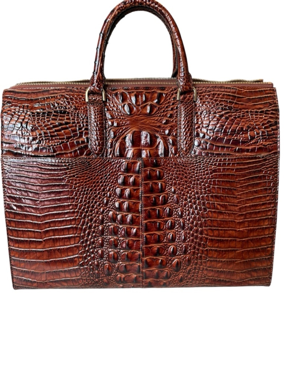 Alligator-Embossed Brown Leather Tote Bag with Detachable Strap - Picture 5 of 9